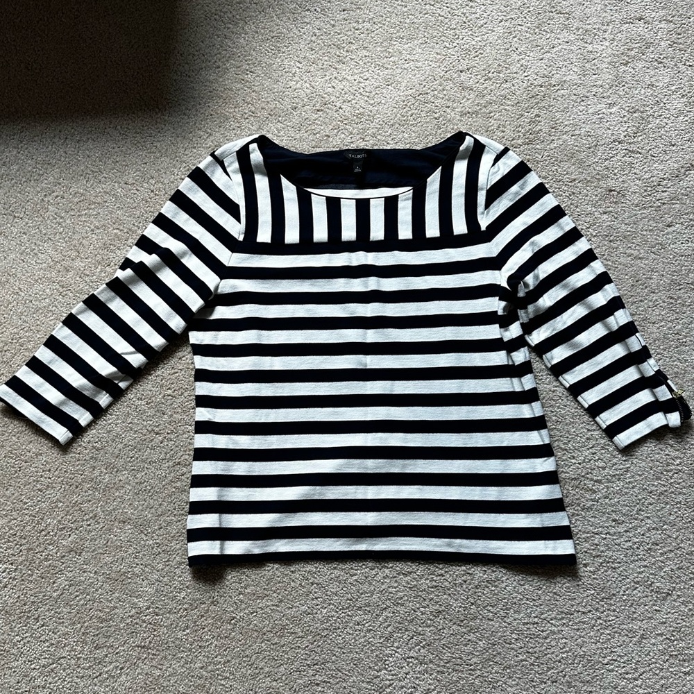 Talbots Black and White Striped Long Sleeve Top